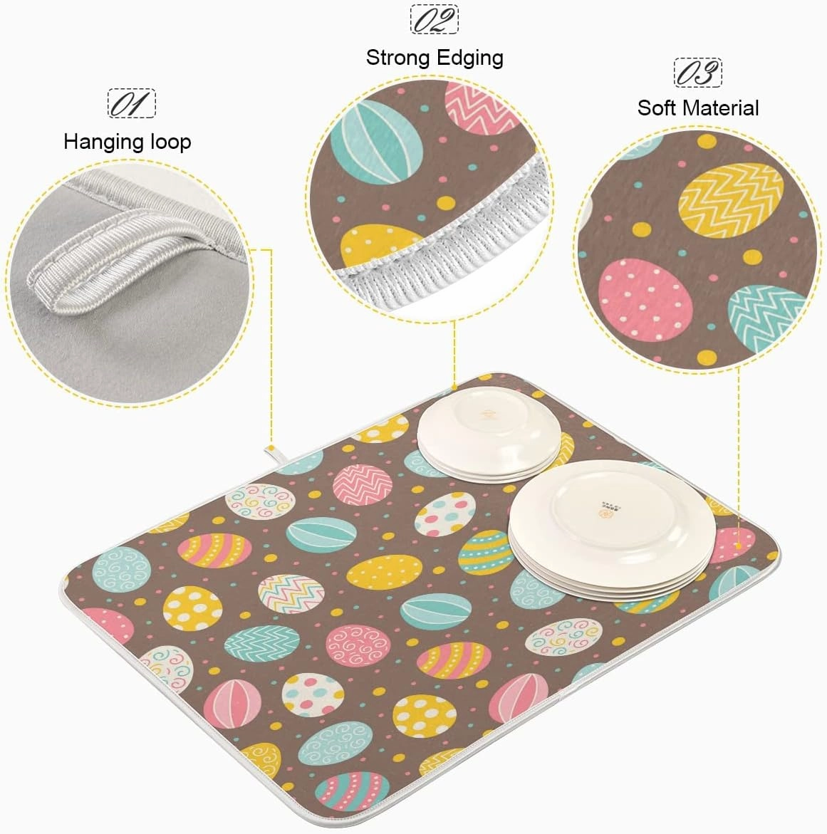 Easter Eggs Polka Dot Dish Drying Mat, Absorbent Drying Pad Dish Mat Large Kitchen Mat, 18" x 24"