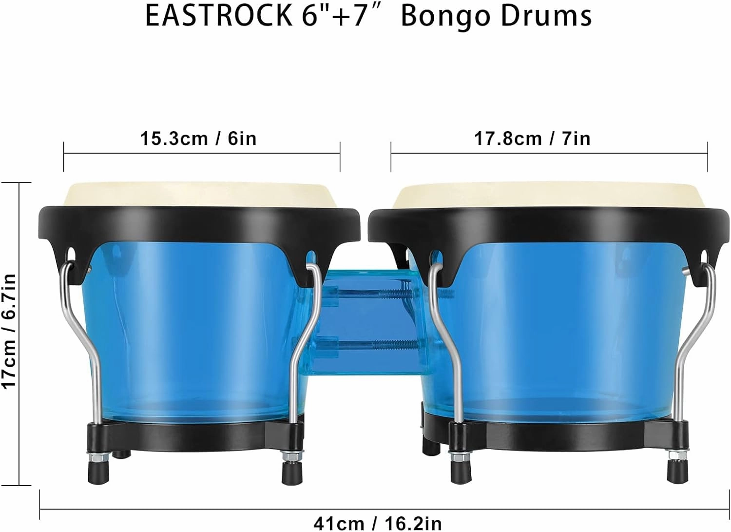 EastRock Bongo Drums 6” and 7” Set for Kids Adults Beginners Professionals Transparent Cavity and Metal Bongos Drum Percussion Instruments with Tuning Wrench (Blue 6” 7” Bongos)