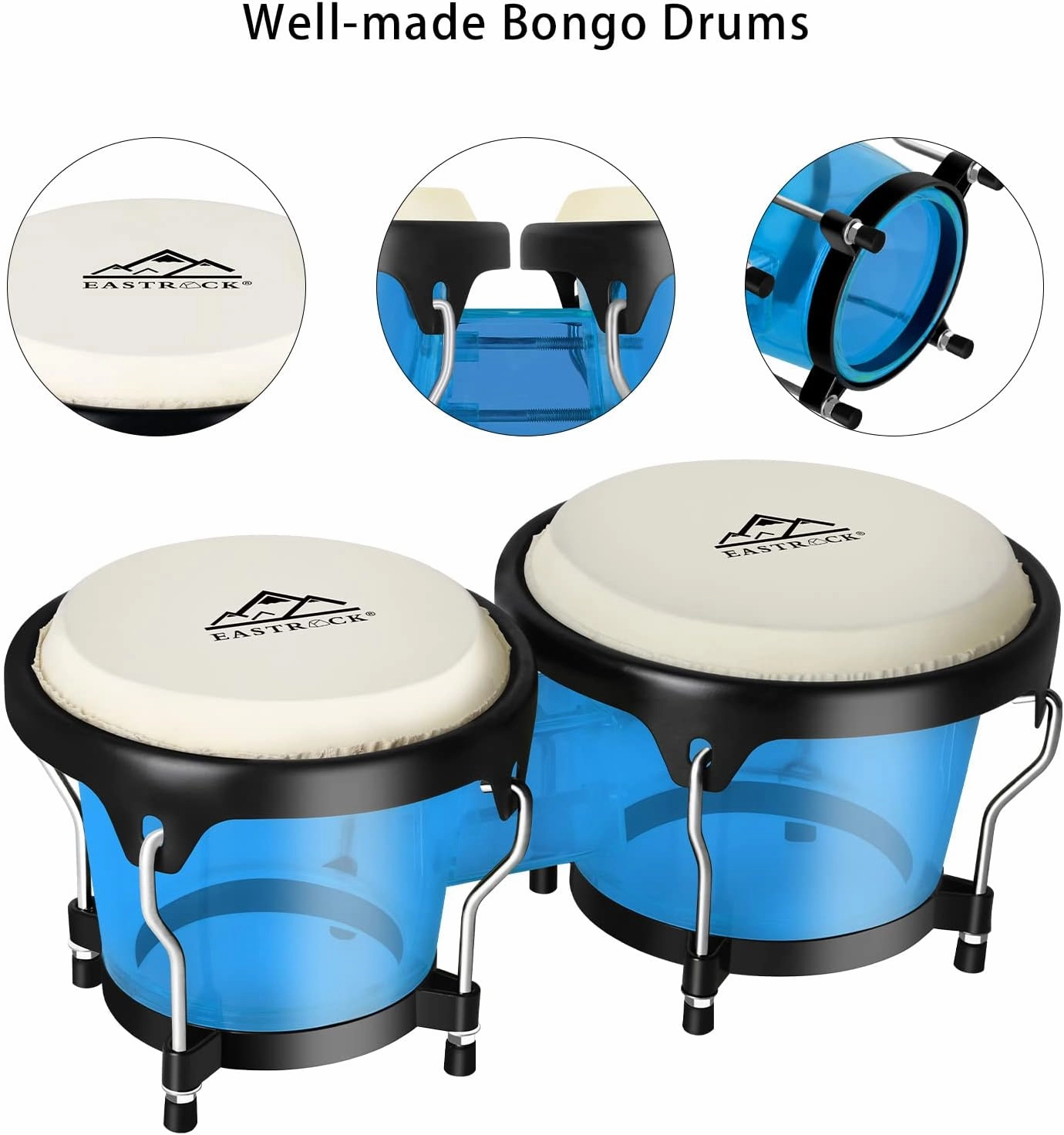 EastRock Bongo Drums 6” and 7” Set for Kids Adults Beginners Professionals Transparent Cavity and Metal Bongos Drum Percussion Instruments with Tuning Wrench (Blue 6” 7” Bongos)