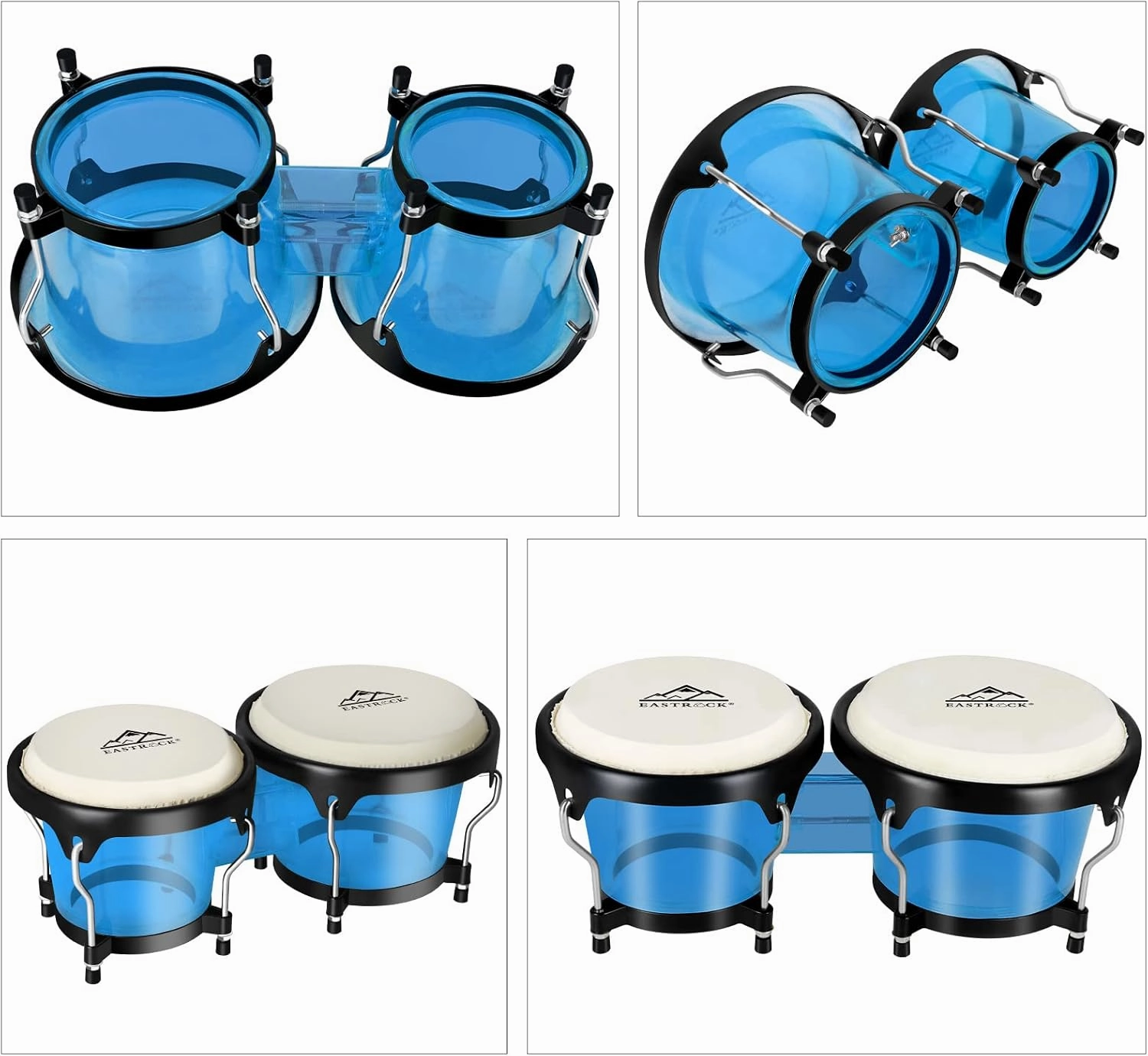 EastRock Bongo Drums 6” and 7” Set for Kids Adults Beginners Professionals Transparent Cavity and Metal Bongos Drum Percussion Instruments with Tuning Wrench (Blue 6” 7” Bongos)