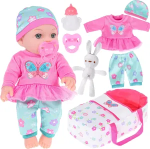 ebuddy 12 inch Baby Doll and Accessories-Reborn Baby Dolls Real Life Baby Dolls with 1 Sets Clothes,Carry Basket,Bunny Plush Toy,Pacifier, Bottle
