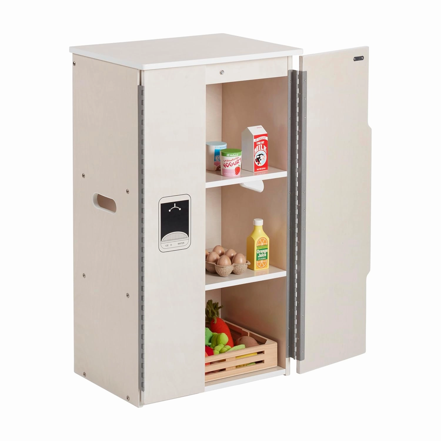 ECR4Kids Play Kitchen Refrigerator, Wooden Playset, White Wash