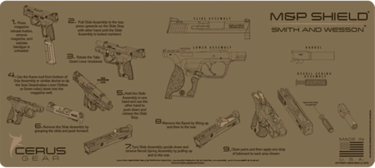 EDOG Shield Gun Cleaning Mat - Instructional Step by Step Takedown Diagram Compatible with Smith & Wesson M&P Shield 3 mm Padding Protects Firearm Magazines Bench Table Surfaces Oil Solvent Resistant