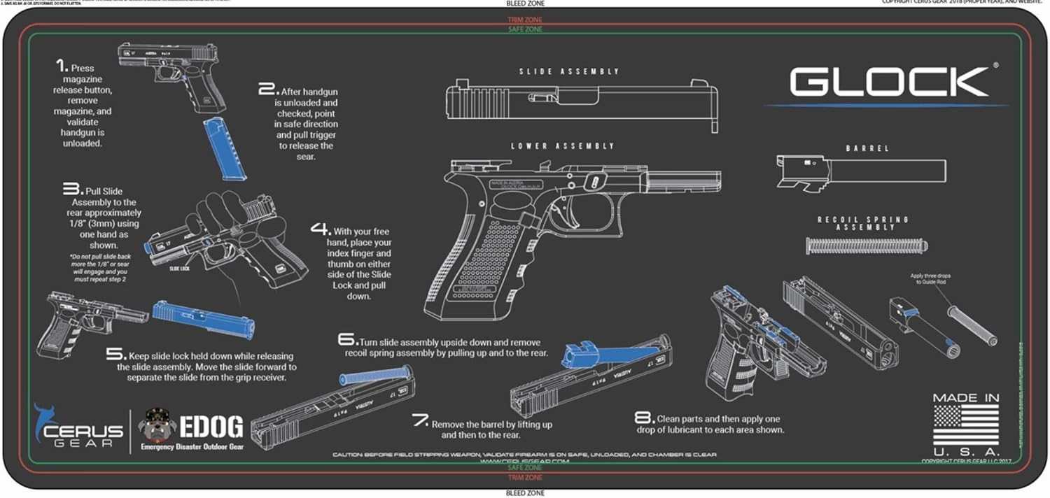 EDOG Gen1 Gun Cleaning Mat - Instructional Step by Step Takedown Diagram Compatible with All Glock Handguns 3 mm Padding Protects Firearm Magazines Bench Table Surfaces Oil Solvent Resistant