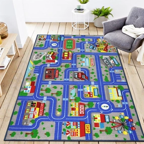 Educational Road Traffic Carpet Kids Carpet Playmat Car Rug Fun City Life Map Kids Car Rug Non Slip Play Carpet for Children Playroom Bedroom Classroom Decor (Blue, 5'2''x3'3'')