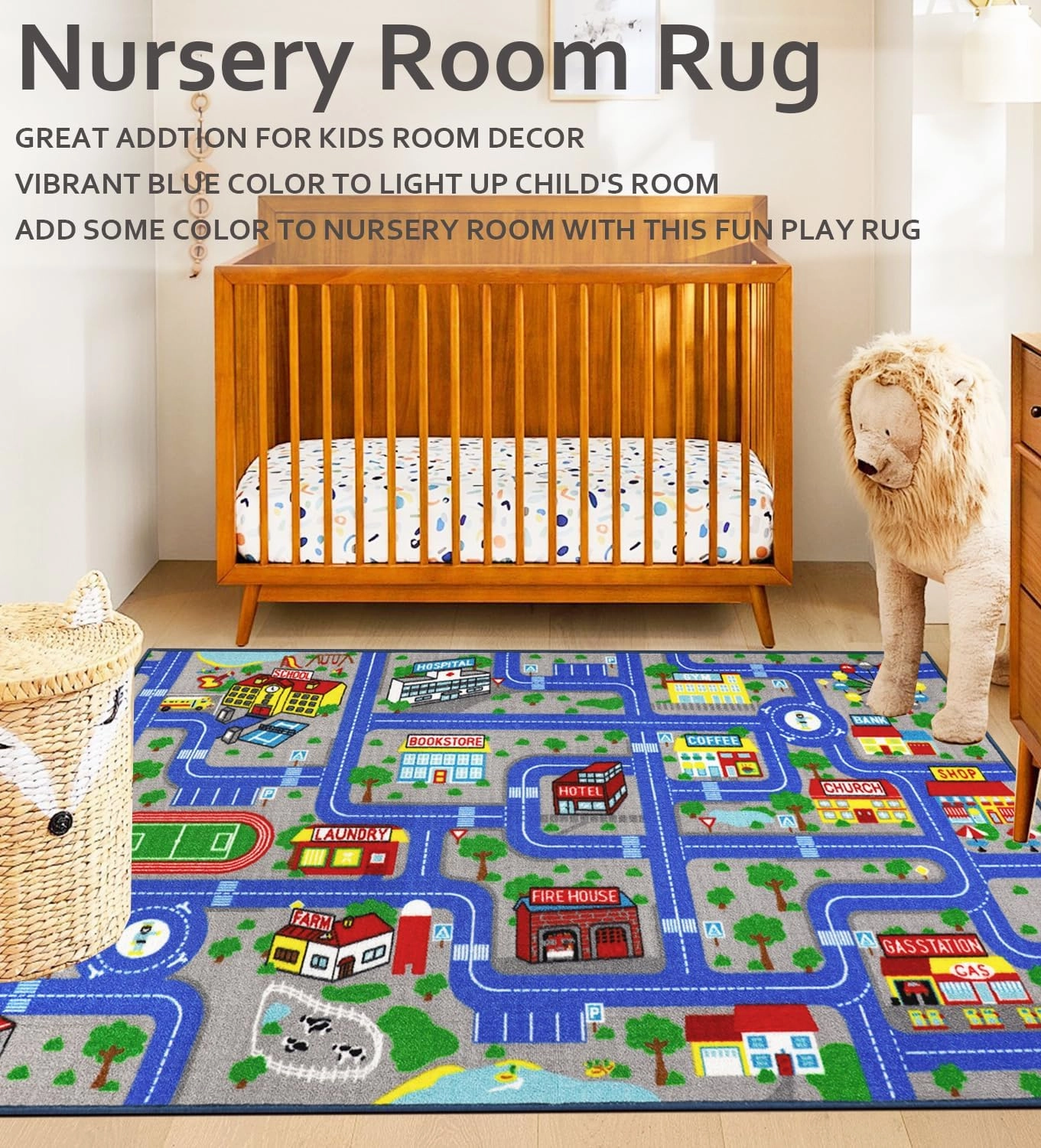 Educational Road Traffic Carpet Kids Carpet Playmat Car Rug Fun City Life Map Kids Car Rug Non Slip Play Carpet for Children Playroom Bedroom Classroom Decor (Blue, 5'2''x3'3'')