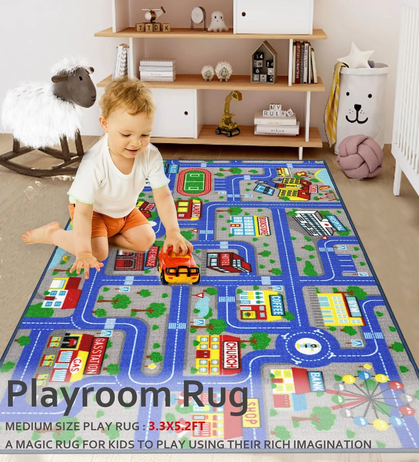 Educational Road Traffic Carpet Kids Carpet Playmat Car Rug Fun City Life Map Kids Car Rug Non Slip Play Carpet for Children Playroom Bedroom Classroom Decor (Blue, 5'2''x3'3'')