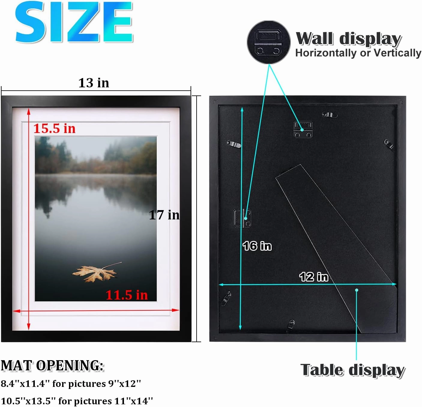 Egofine 12x16 Picture Frame Black Covered by Plexiglass Made of Solid Wood, Display Pictures 9x12 and 11x14 with Mat or 12x16 Without Mat for Table Top and Wall Mounting