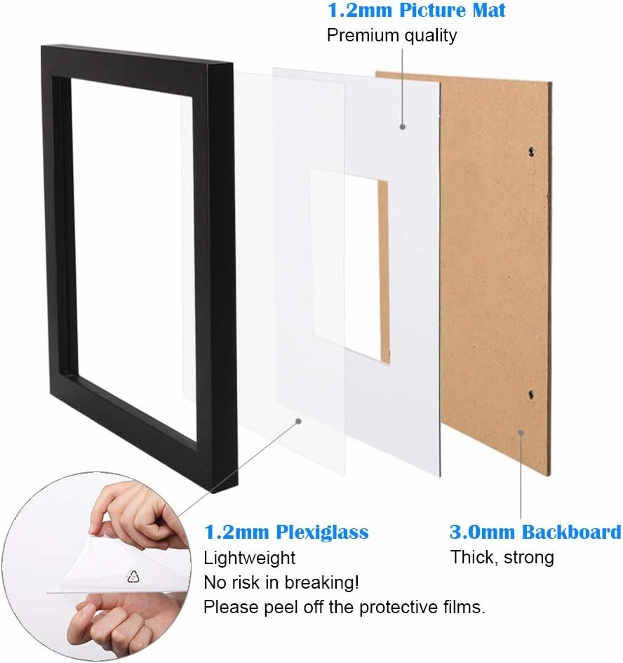 Egofine 12x16 Picture Frame Black Covered by Plexiglass Made of Solid Wood, Display Pictures 9x12 and 11x14 with Mat or 12x16 Without Mat for Table Top and Wall Mounting