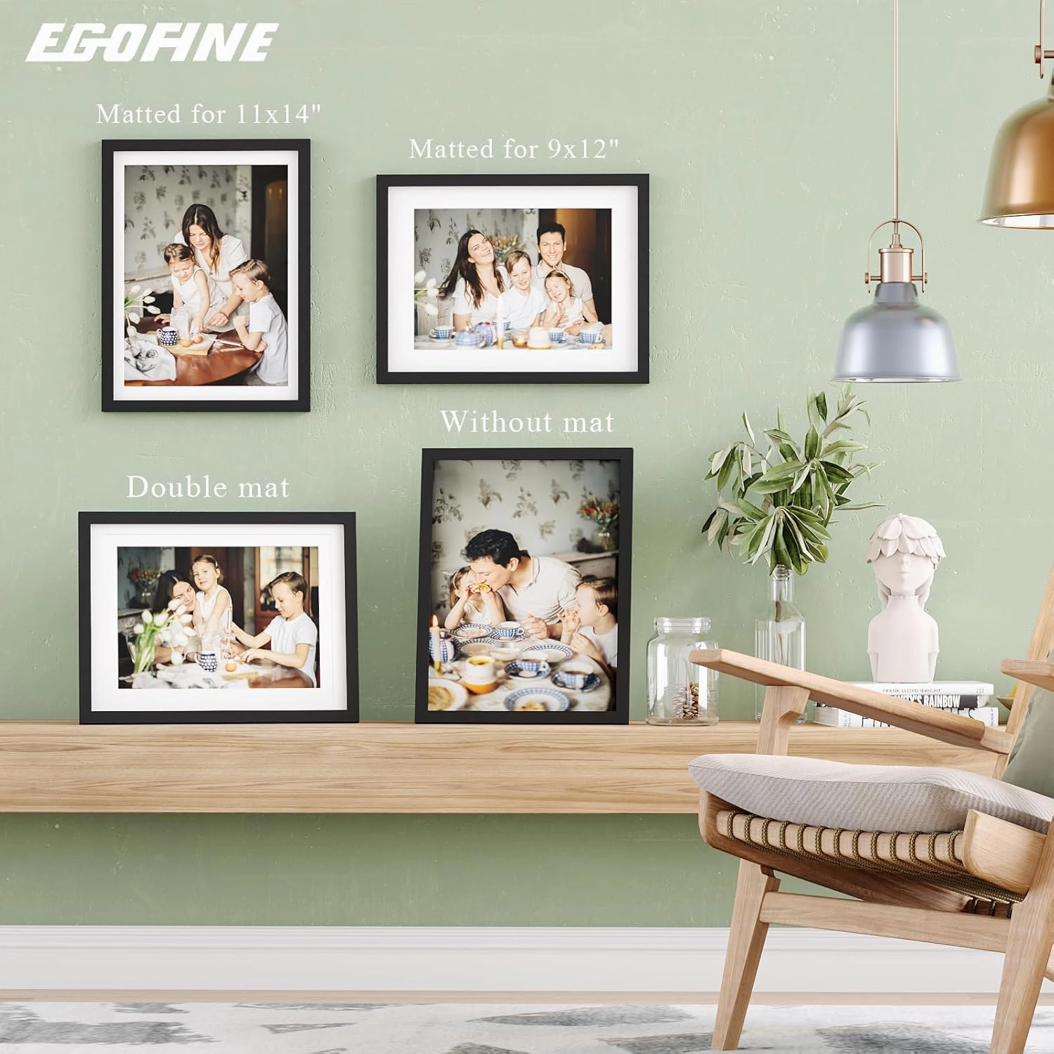 Egofine 12x16 Picture Frame Black Covered by Plexiglass Made of Solid Wood, Display Pictures 9x12 and 11x14 with Mat or 12x16 Without Mat for Table Top and Wall Mounting