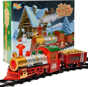 Electric Train Set for Christmas Tree 39 PCS Deluxe Railway Train Tracks Set with Lights and Sounds for Christmas Decoration Train Car Engine and Accessories Toys for Boys and Girls