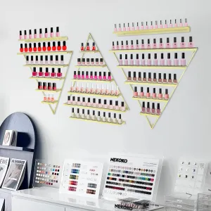 Elegant Gold Wall Mounted Nail Polish Rack - Set of 6 Triangular Cosmetic Display Shelves for Essential Oil Bottles, Organize Your Lipsticks and Perfumes in Style at Home or Salon (Gold)