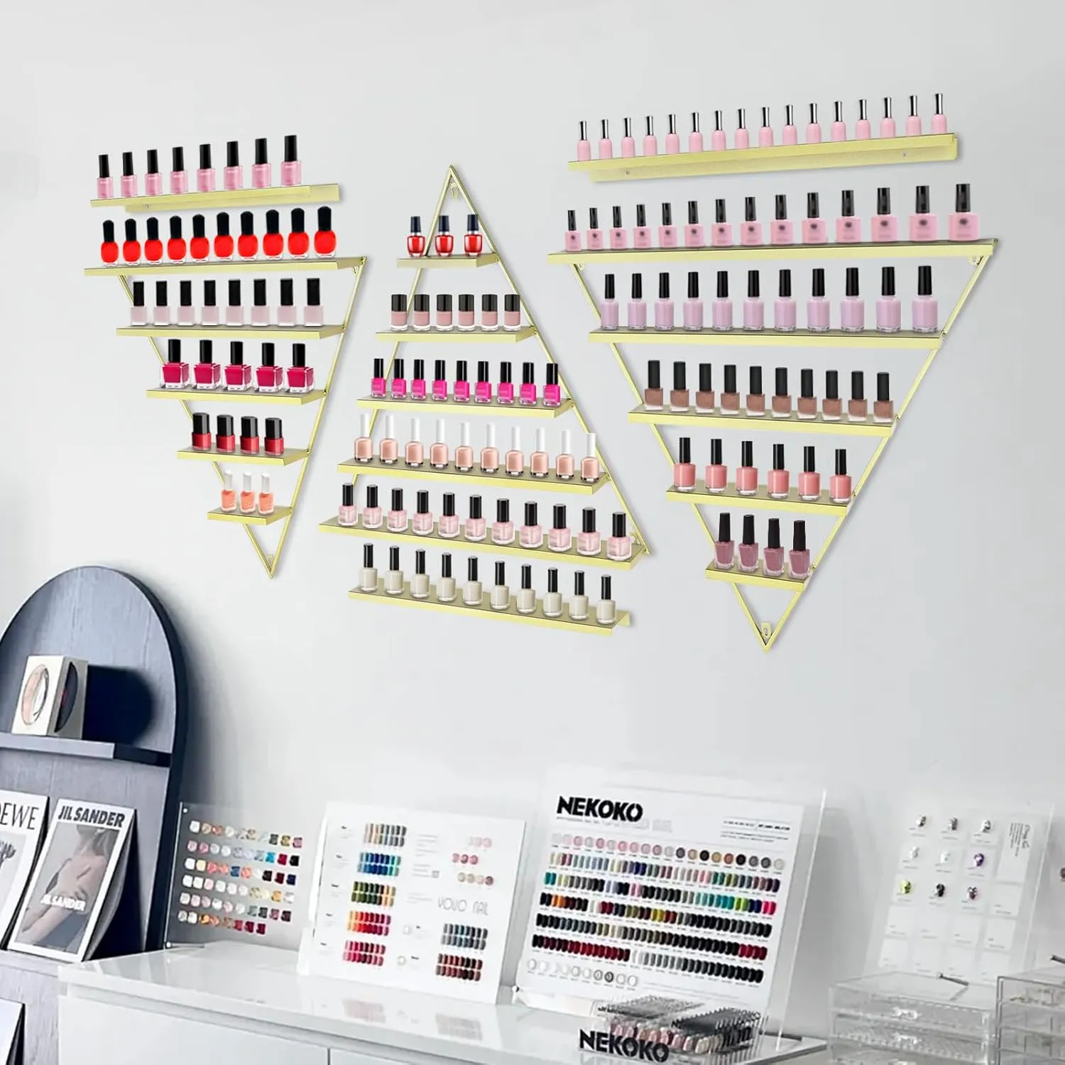 Elegant Gold Wall Mounted Nail Polish Rack - Set of 6 Triangular Cosmetic Display Shelves for Essential Oil Bottles, Organize Your Lipsticks and Perfumes in Style at Home or Salon (Gold)