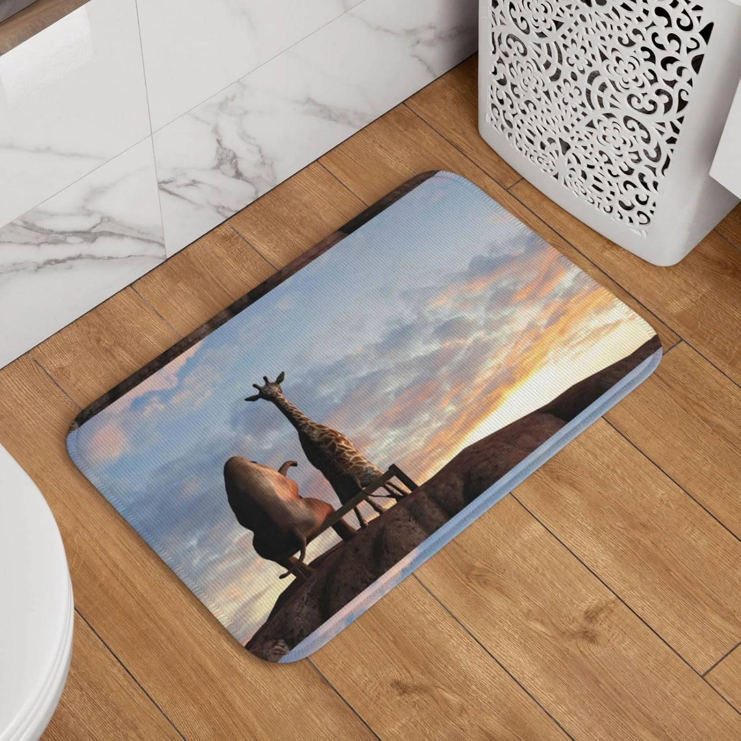 Elephant Giraffe On A Mountain Top Sunset Indoor Door Mat Non-Slip Absorbent Entrance Mat 23.6" x15.7" Washable Inside Entry Doormats for Entryway Welcome Rugs