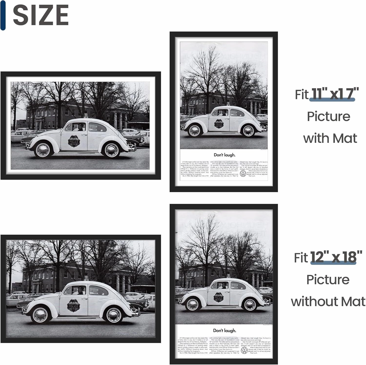 ENJOYBASICS 12x18 Picture Frame, Display Poster 11x17 with Mat or 12 x 18 Without, Wall Gallery Photo Frames, Black, 2 Pack