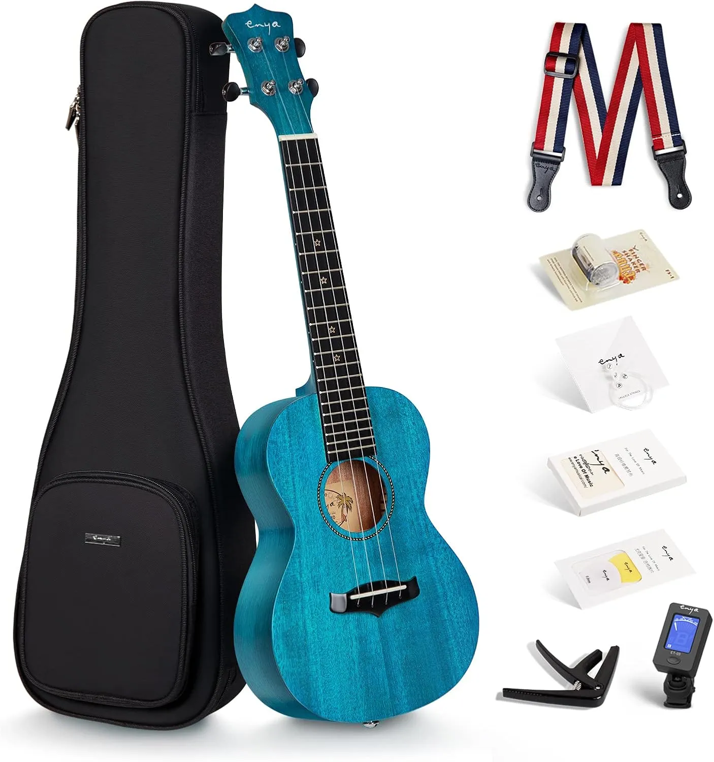Enya Concert Ukulele 23 Inch Blue Solid Mahogany Top with Ukulele Starter Kit Includes Online Lessons, Tuner,Case, Strap, Strings, Capo, Sand Shaker, Pick,Polish Cloth (EUC-25D BU)