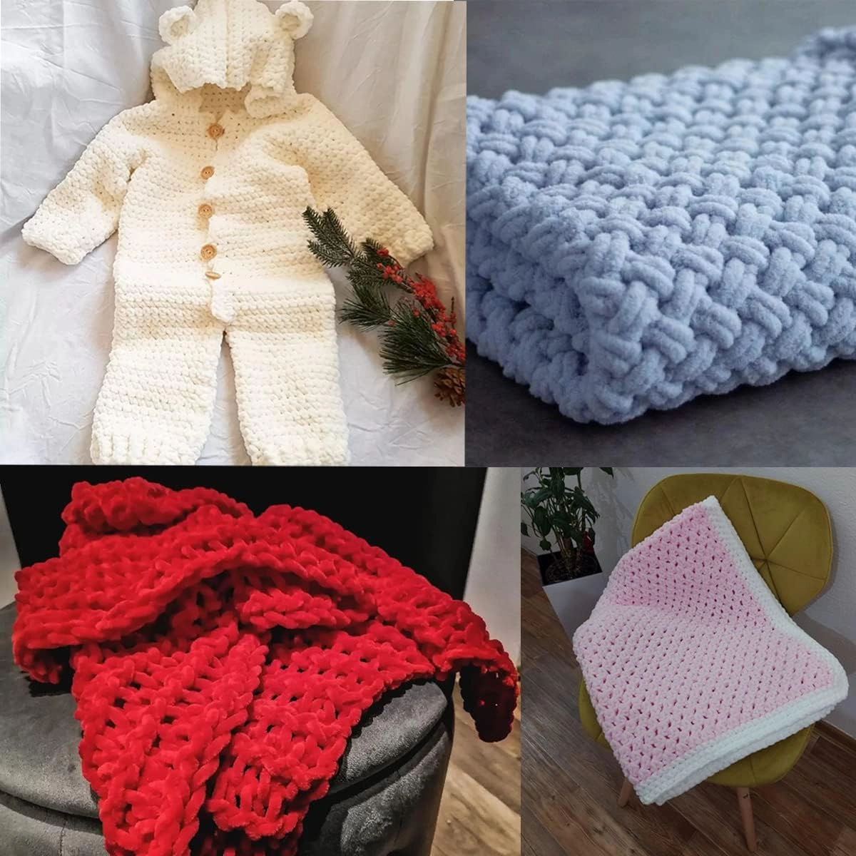 Estako Velvet (3- Skeins Pack) Chenille Blanket amigurumi Yarn for Crocheting and Knitting Super Bulky 3x100 gr (3x132 yds) (1110 - White)