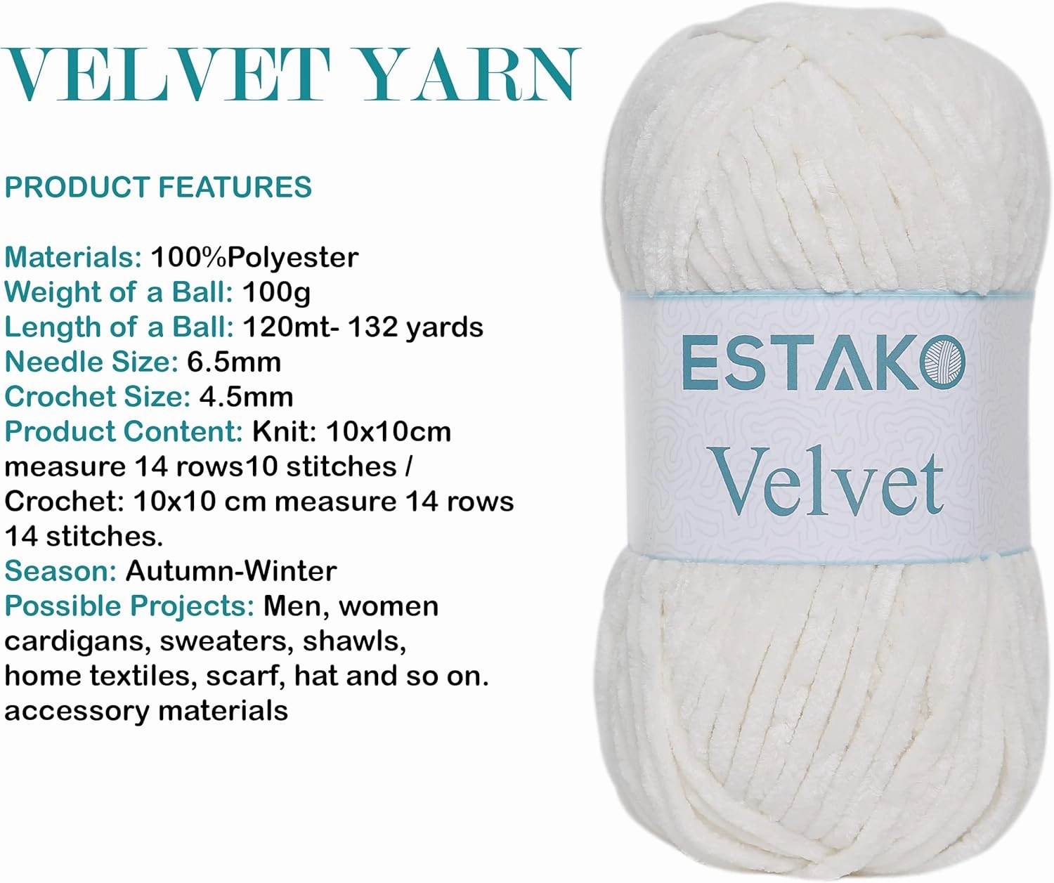 Estako Velvet (3- Skeins Pack) Chenille Blanket amigurumi Yarn for Crocheting and Knitting Super Bulky 3x100 gr (3x132 yds) (1150 - Cream)