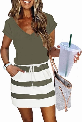 ETCYY NEW Womens Summer Dress Lantern Sleeve Square Neck Tie Front A-Line Double Layer Hem Mini Dresses