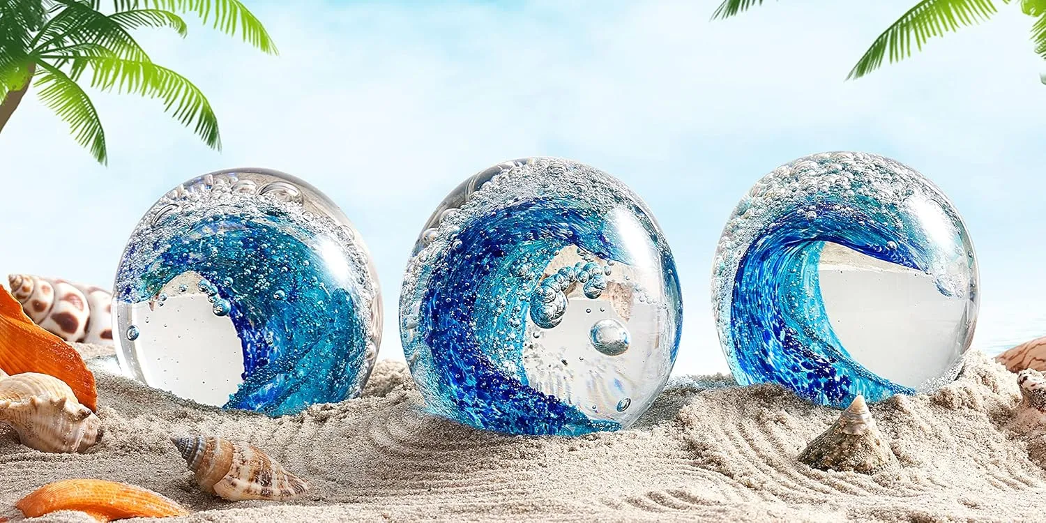 EUSTUMA Hand Blown Glass Figurines Ball Ocean Waves,Paperweight Glass Ball,Home Decor Collectible,Aquarium Decor,Office Decor Ocean Lovers (Ocean Waves)