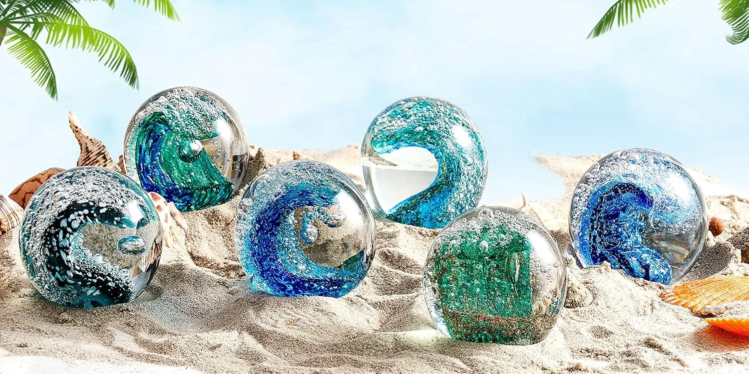 EUSTUMA Hand Blown Glass Figurines Ball Ocean Waves,Paperweight Glass Ball,Home Decor Collectible,Aquarium Decor,Office Decor Ocean Lovers (Ocean Waves)