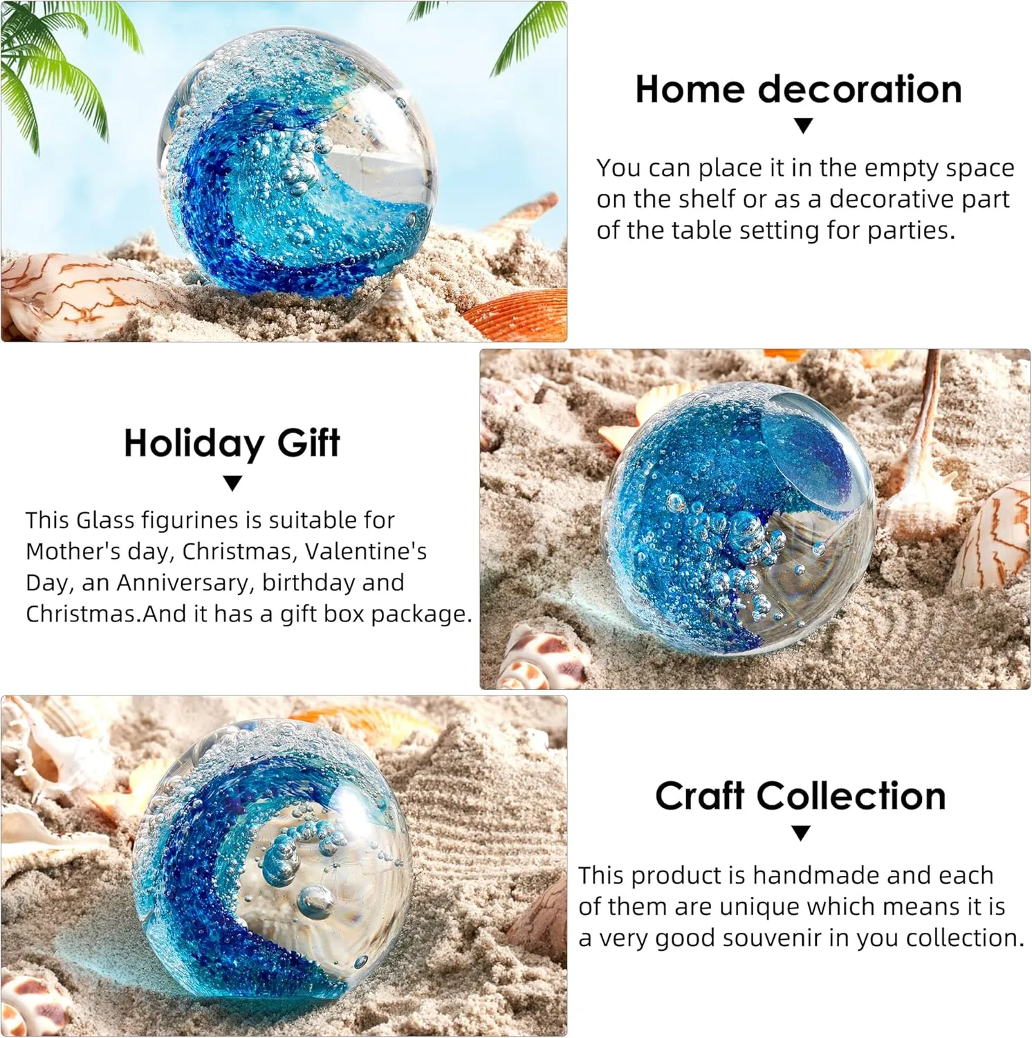 EUSTUMA Hand Blown Glass Figurines Ball Ocean Waves,Paperweight Glass Ball,Home Decor Collectible,Aquarium Decor,Office Decor Ocean Lovers (Ocean Waves)