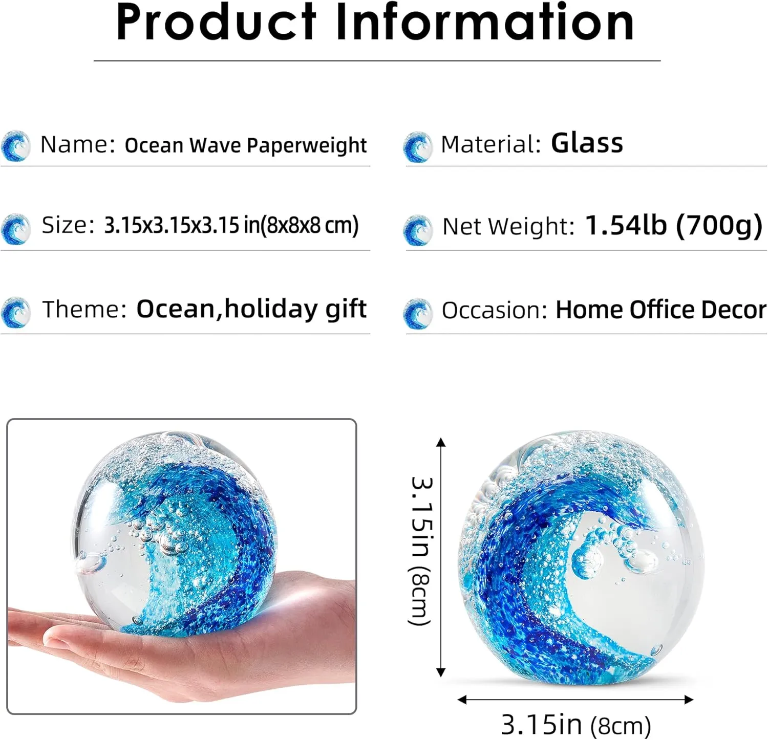 EUSTUMA Hand Blown Glass Figurines Ball Ocean Waves,Paperweight Glass Ball,Home Decor Collectible,Aquarium Decor,Office Decor Ocean Lovers (Ocean Waves)