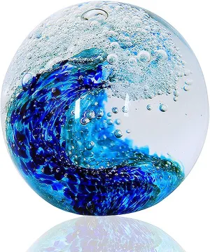 EUSTUMA Hand Blown Glass Figurines Ball Ocean Waves,Paperweight Glass Ball,Home Decor Collectible,Aquarium Decor,Office Decor Ocean Lovers (Ocean Waves)