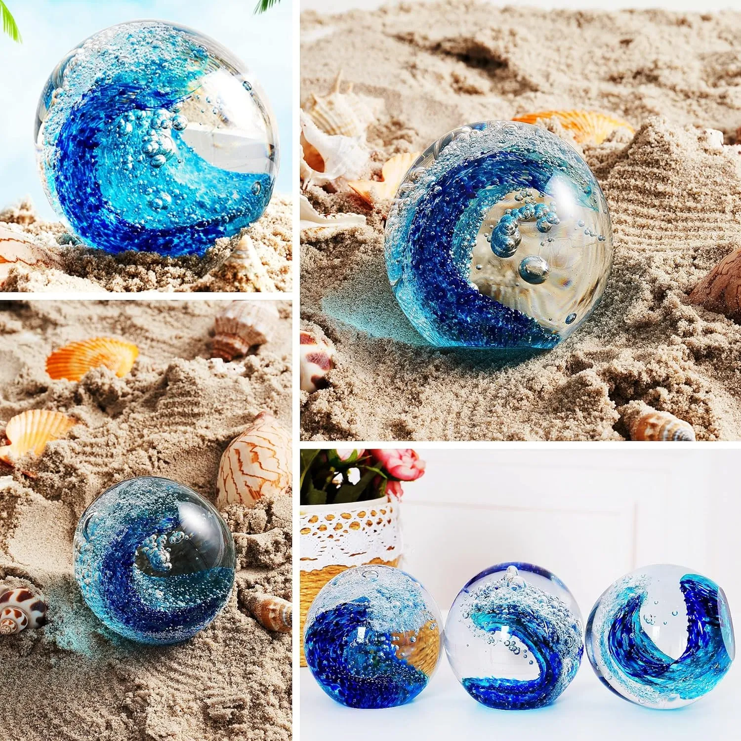 EUSTUMA Hand Blown Glass Figurines Ball Ocean Waves,Paperweight Glass Ball,Home Decor Collectible,Aquarium Decor,Office Decor Ocean Lovers (Ocean Waves)
