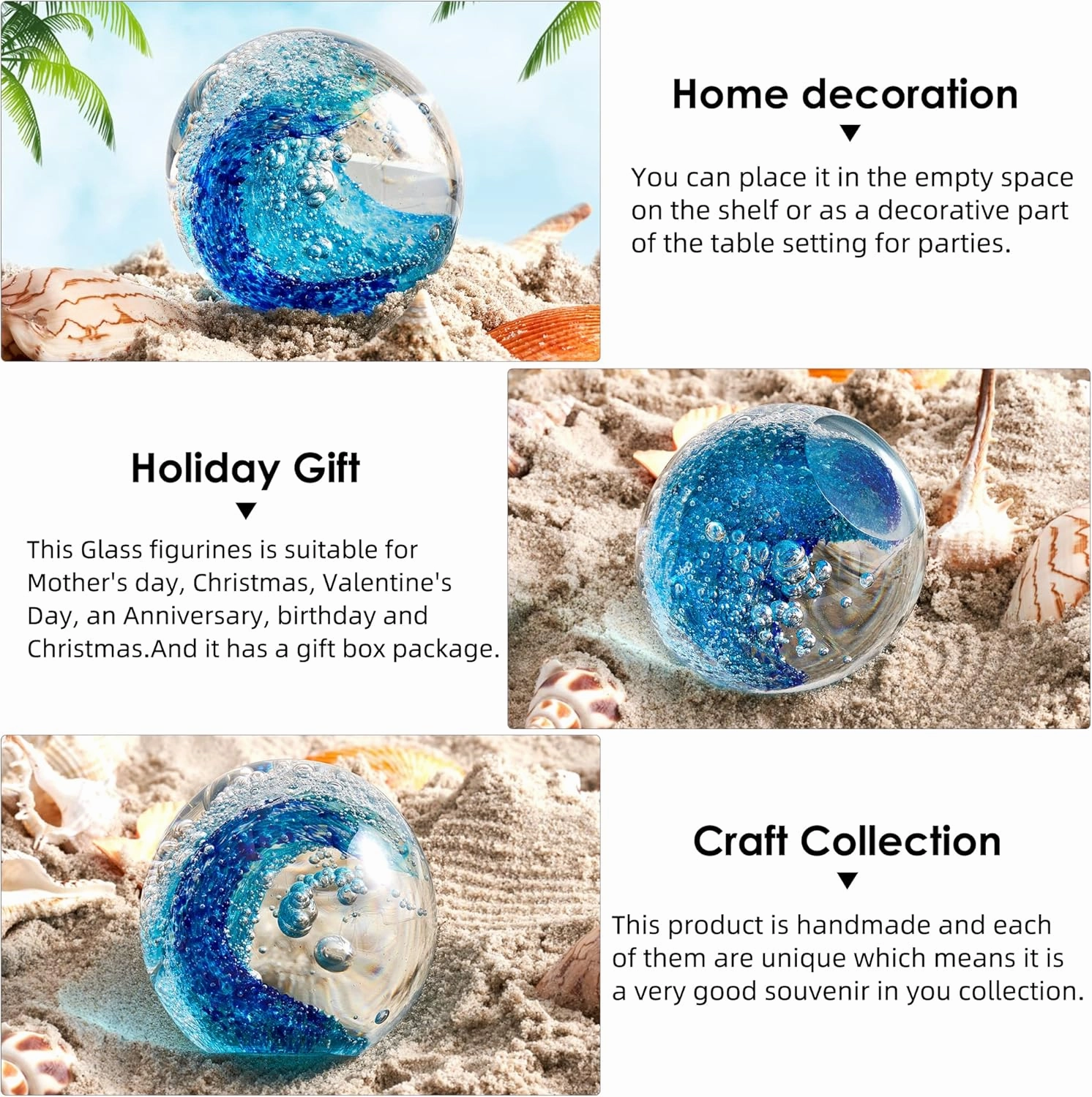 EUSTUMA Hand Blown Glass Figurines Ball Ocean Waves,Paperweight Glass Ball,Home Decor Collectible,Aquarium Decor,Office Decor Ocean Lovers (Ocean Waves)