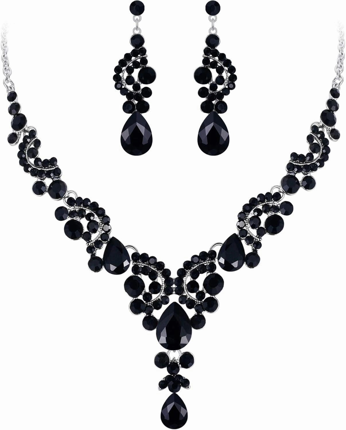 EVER FAITH Rhinestone Crystal Bridal Floral Wave Teardrop Necklace Earrings Set