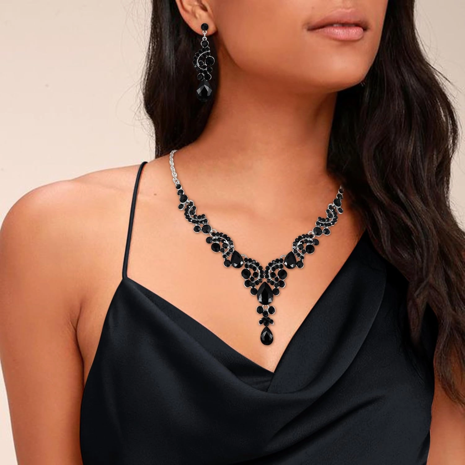 EVER FAITH Rhinestone Crystal Bridal Floral Wave Teardrop Necklace Earrings Set