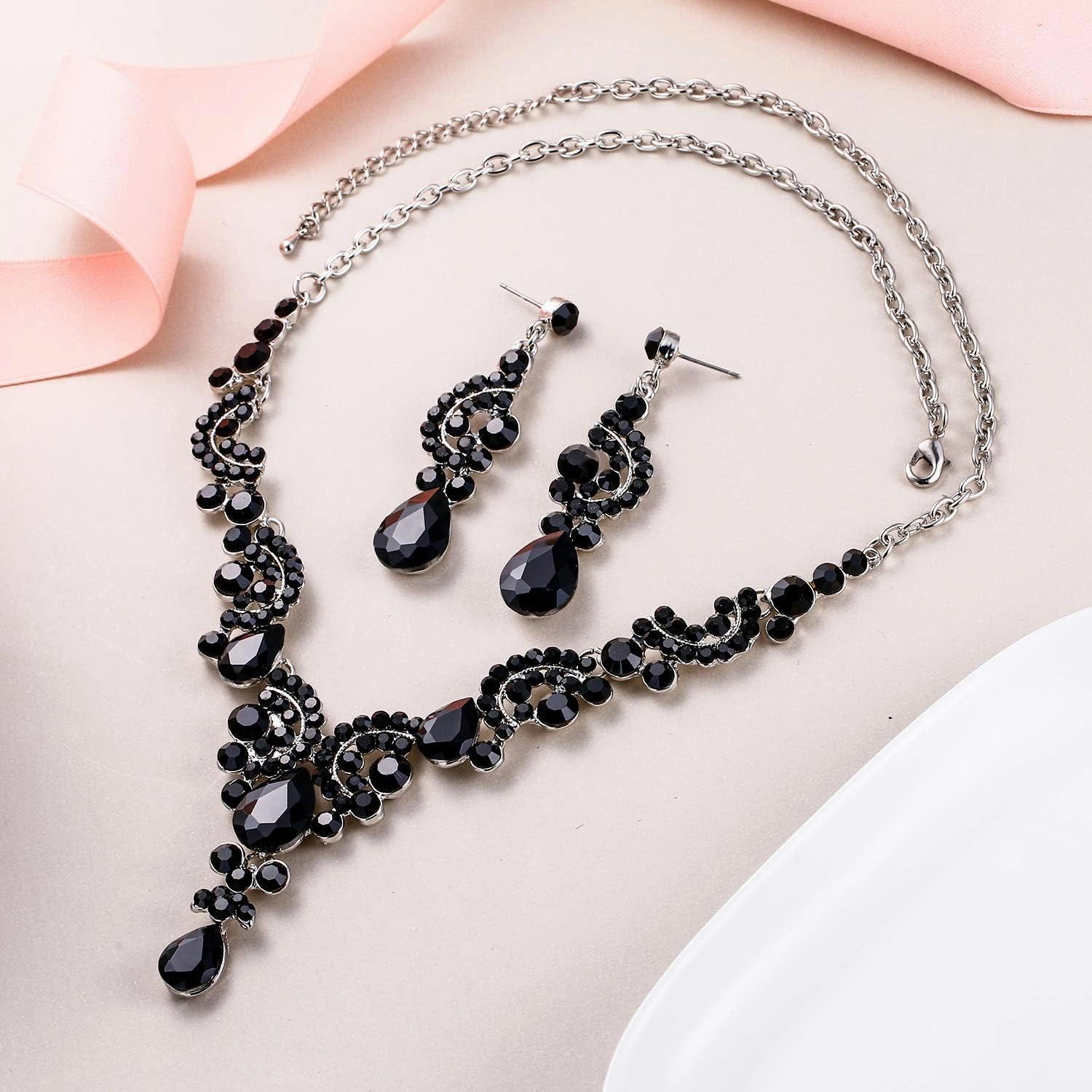 EVER FAITH Rhinestone Crystal Bridal Floral Wave Teardrop Necklace Earrings Set