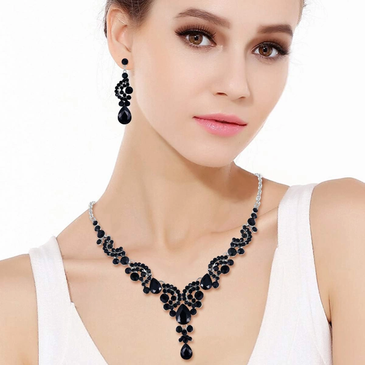 EVER FAITH Rhinestone Crystal Bridal Floral Wave Teardrop Necklace Earrings Set