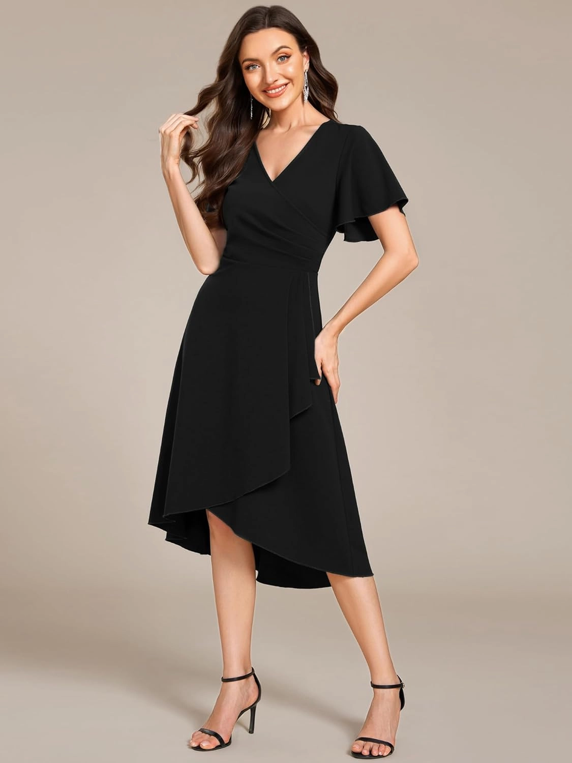 Ever-Pretty Women's V-Neck Pleated Short Ruffles Sleeves Hi-Lo Midi A Line Cocktail Dresses 02327