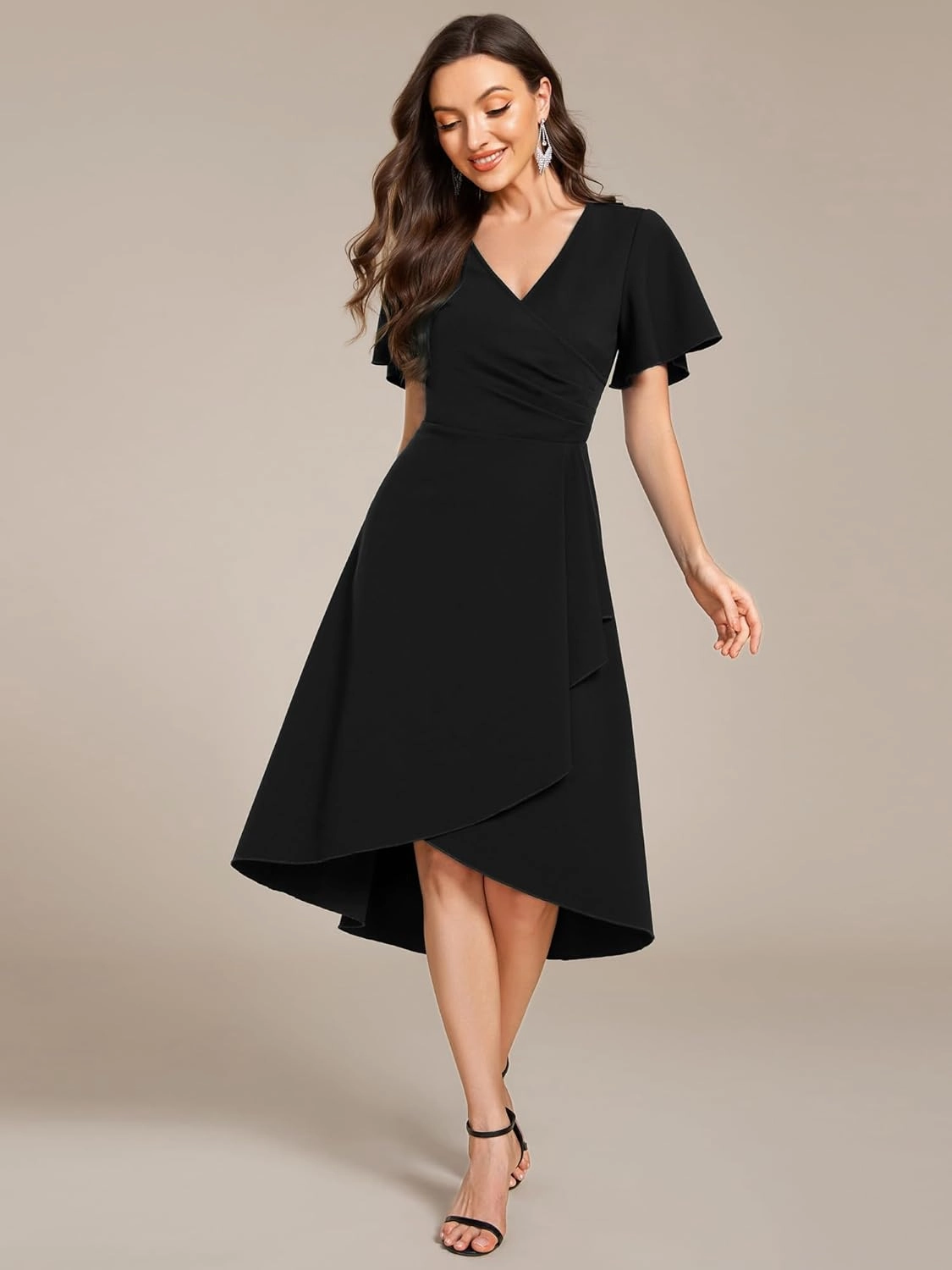 Ever-Pretty Women's V-Neck Pleated Short Ruffles Sleeves Hi-Lo Midi A Line Cocktail Dresses 02327