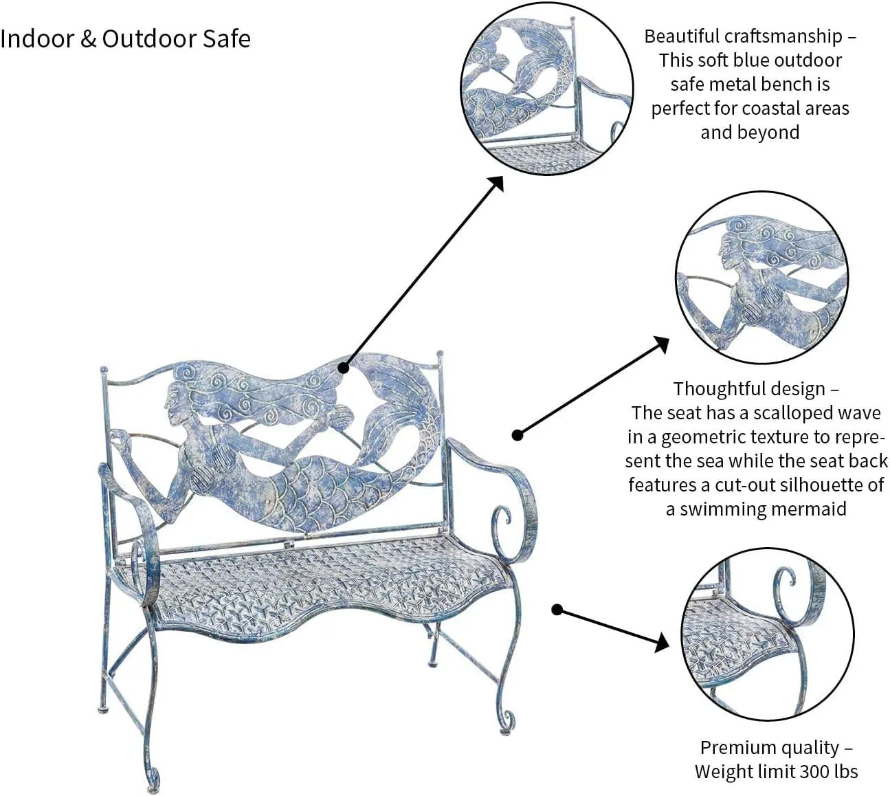 Evergreen Garden Mermaid Garden Bench Outdoors & Indoors | Cast Iron Metal Patio Bench | Outdoor Seating Furniture | Seats for Park, Porch, Deck, Yard