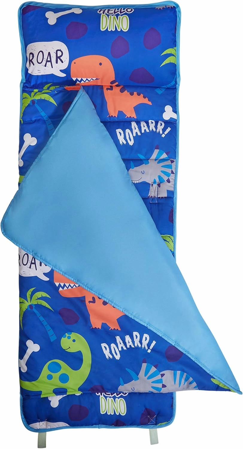 EVERYDAY KIDS Nap Mat with Removable Pillow - Roarin' Dinos - Carry Handle with Straps Closure, Rollup Design, Soft Microfiber for Preschool, Daycare, Travel Sleeping Bag - Ages 3-6 Years