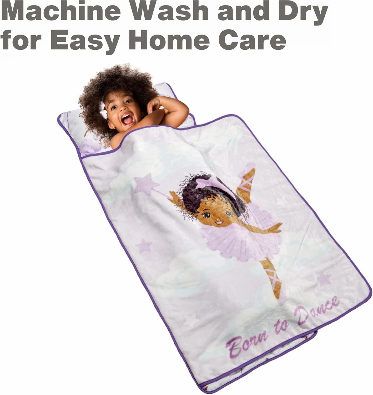 EVERYDAY KIDS Toddler Nap Mat with Removable Pillow - Born to Dance African American Ballerina - Carry Handle with Straps Closure, Rollup Design for Preschool, Daycare, Sleeping Bag - Ages 2-6 Years