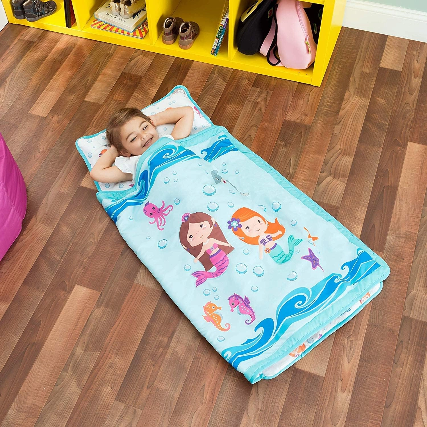 EVERYDAY KIDS Toddler Nap Mat with Removable Pillow -Underwater Mermaids- Carry Handle with Fastening Straps Closure, Rollup Design, Soft Microfiber for Preschool, Daycare Sleeping Bag, Ages 2-6 years