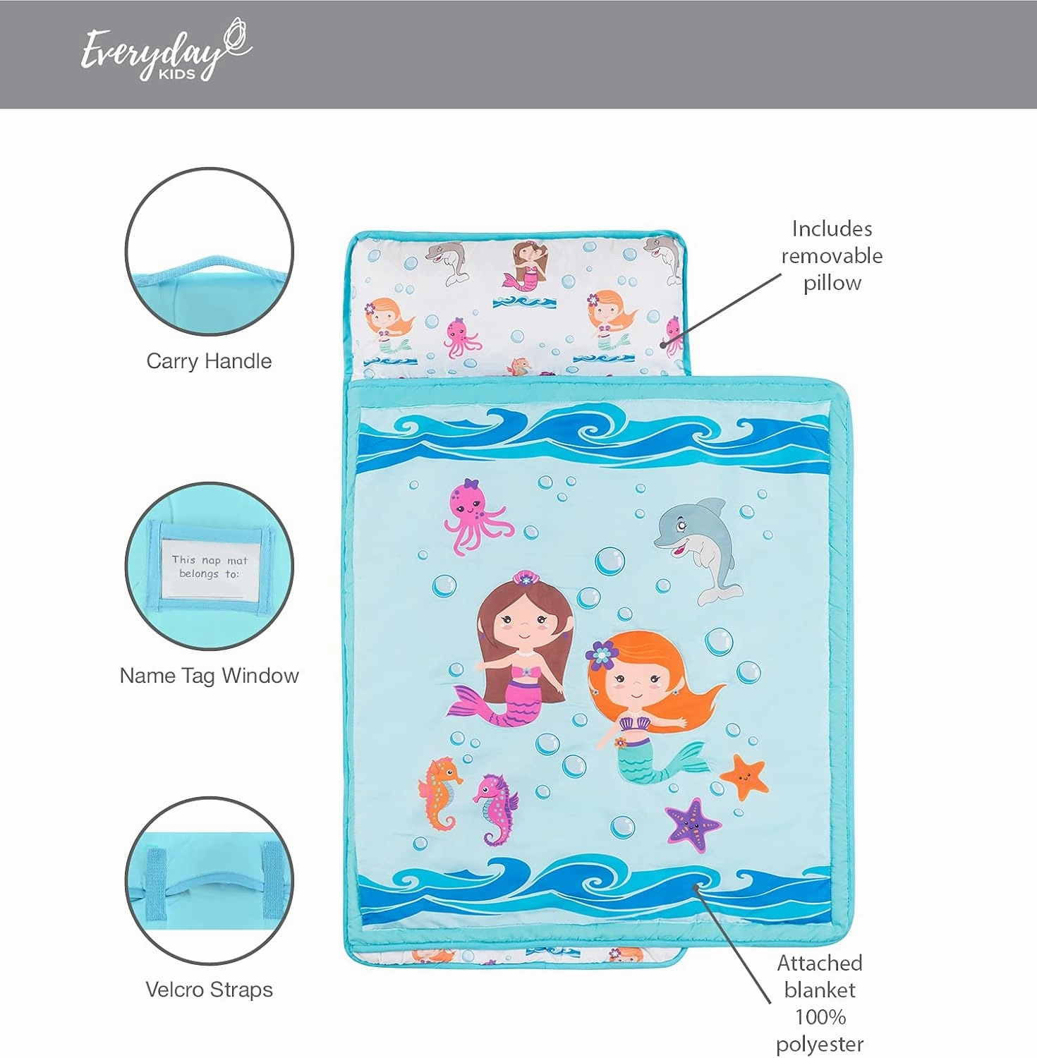 EVERYDAY KIDS Toddler Nap Mat with Removable Pillow -Underwater Mermaids- Carry Handle with Fastening Straps Closure, Rollup Design, Soft Microfiber for Preschool, Daycare Sleeping Bag, Ages 2-6 years