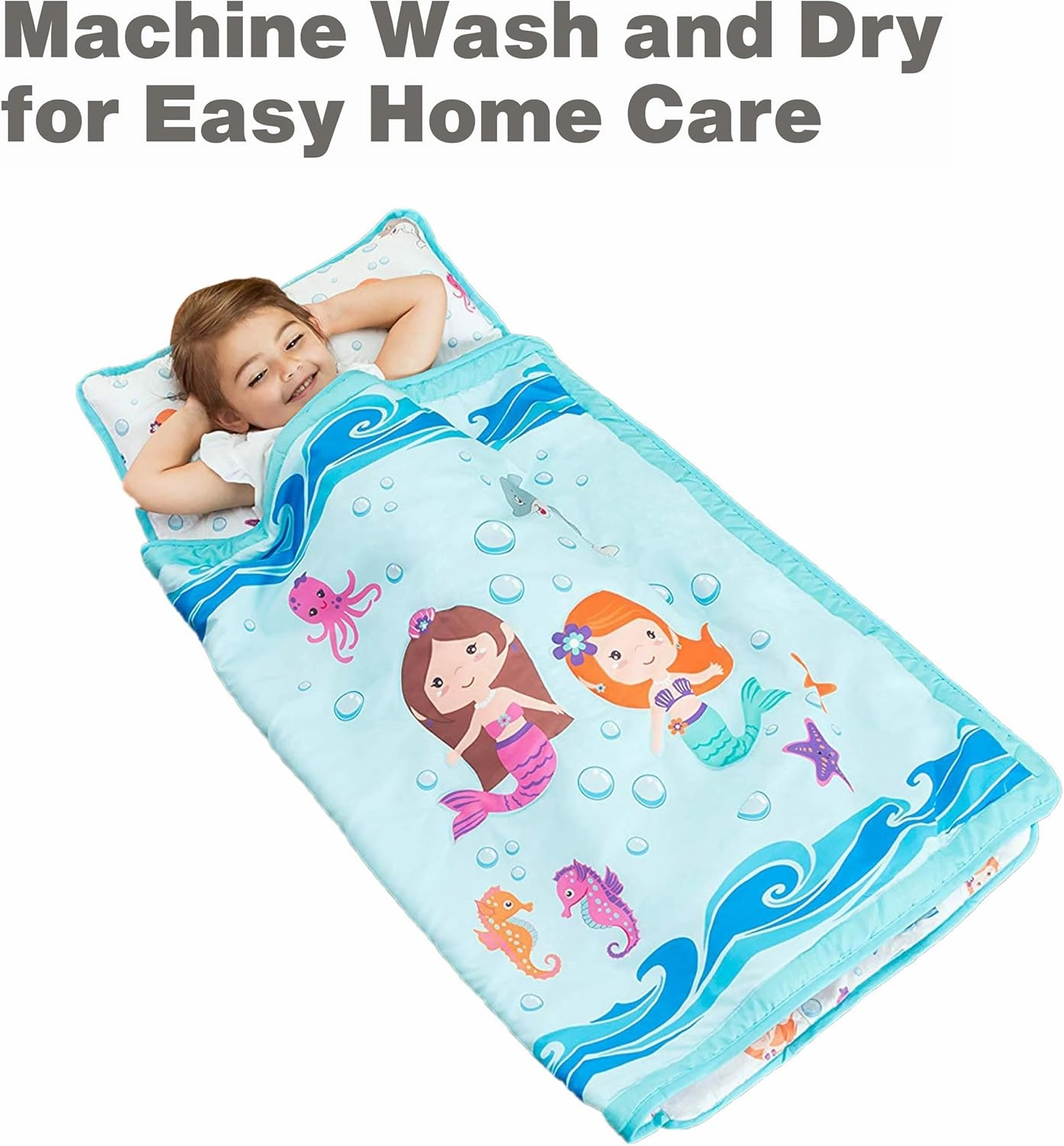EVERYDAY KIDS Toddler Nap Mat with Removable Pillow -Underwater Mermaids- Carry Handle with Fastening Straps Closure, Rollup Design, Soft Microfiber for Preschool, Daycare Sleeping Bag, Ages 2-6 years