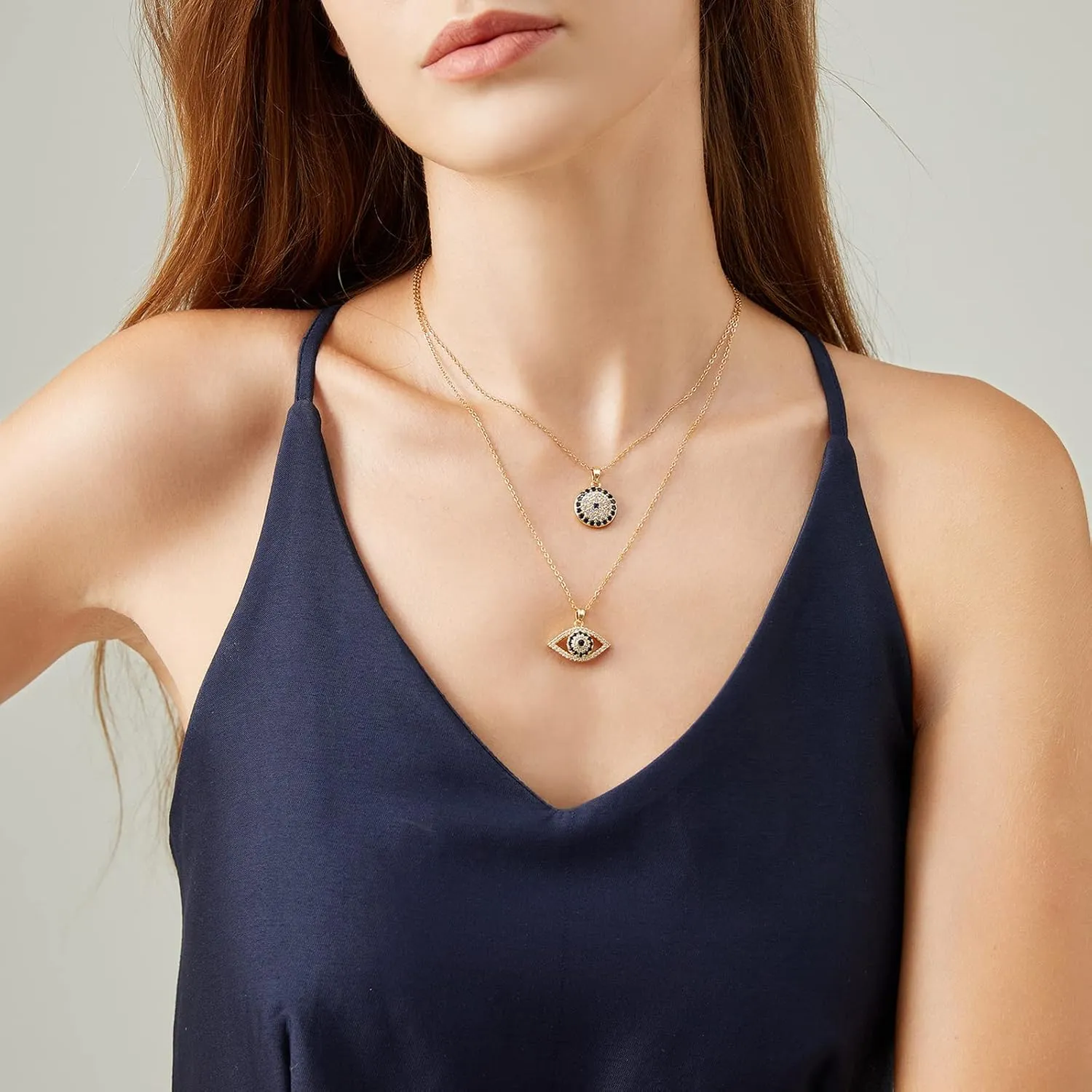 Evil Eye Necklace Layered Necklaces for Women, 2Pcs 18K Gold Plated Dainty Evil Eye Choker Pendant Necklace Handmade Evil Eye Jewelry Protection Gifts (gold)