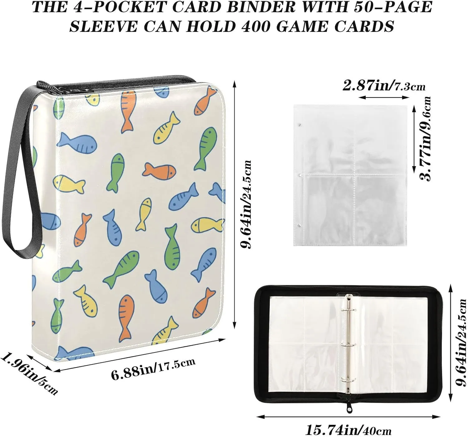 Exnundod Trading Card Binder for Cards Cute Colorful Little Fishes Pattern Card Album 4-Pockets 400 Cards Removable Sleeves PU Baseball Card Holder Football Sports Card Collection