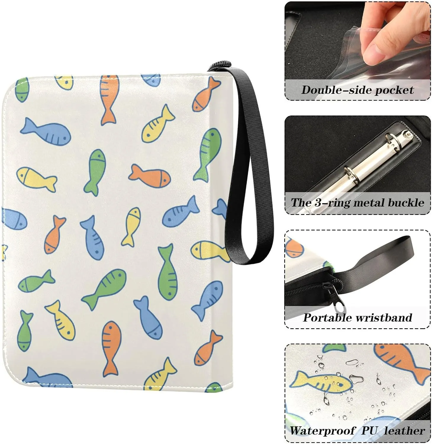 Exnundod Trading Card Binder for Cards Cute Colorful Little Fishes Pattern Card Album 4-Pockets 400 Cards Removable Sleeves PU Baseball Card Holder Football Sports Card Collection