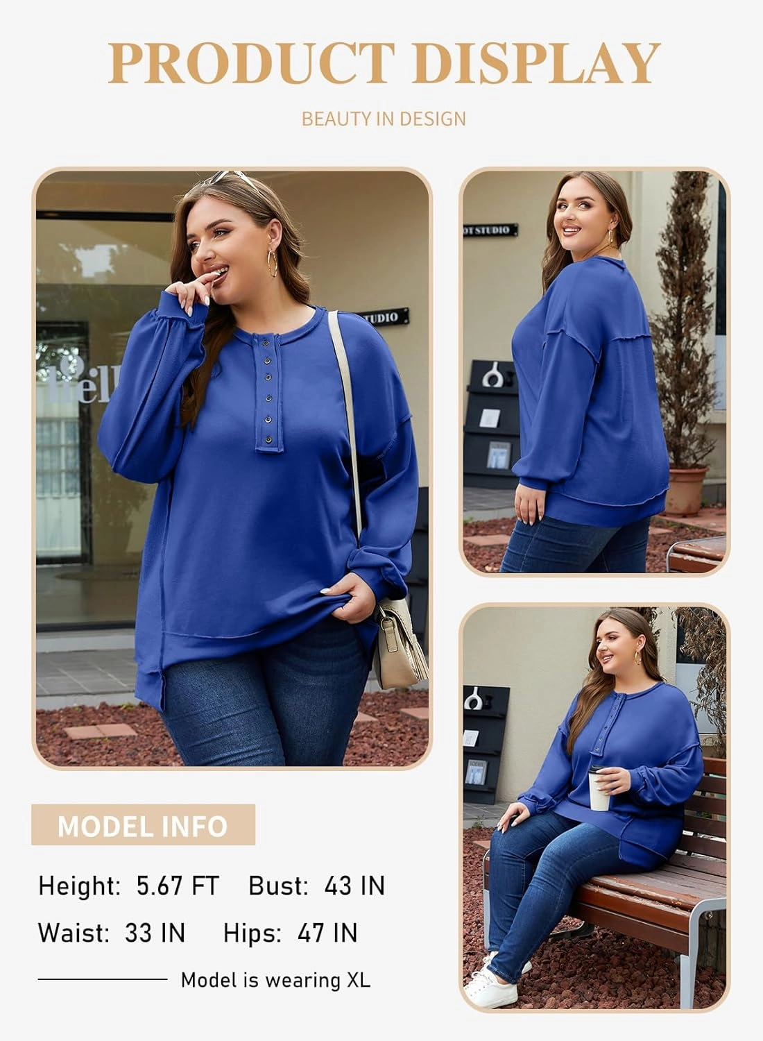 Eytino Women's Plus Size Sweatshirts Button Henley Neck Casual Long Sleeve Oversized Pullover Tops Shirts(1X-5X)