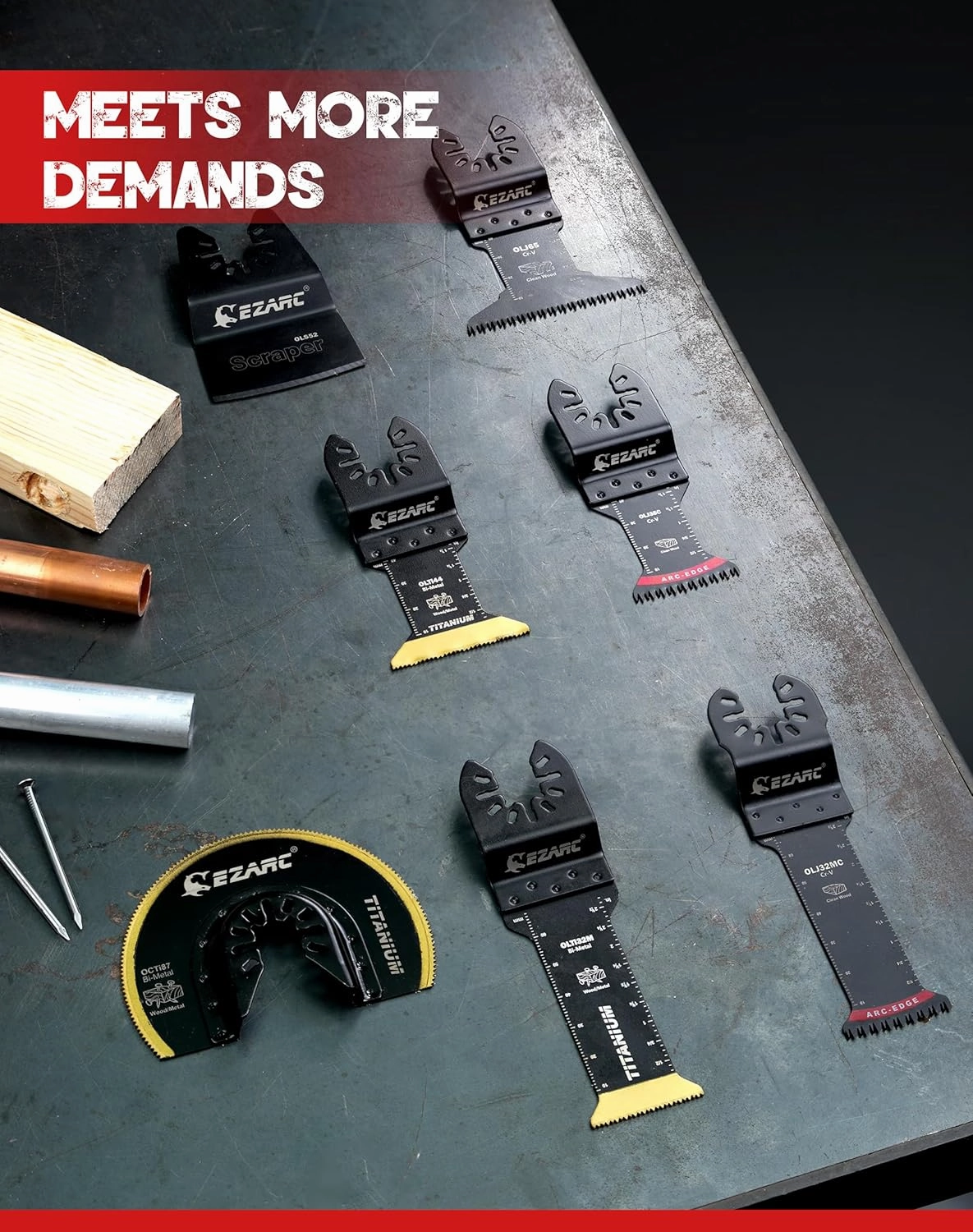 EZARC 7PCS Oscillating Saw Blades, Titanium Multitool Blades for Wood Metal, Multitool Blades Kits with Arc Edge Japanese Teeth Fit Dewalt Milwaukee Bosch