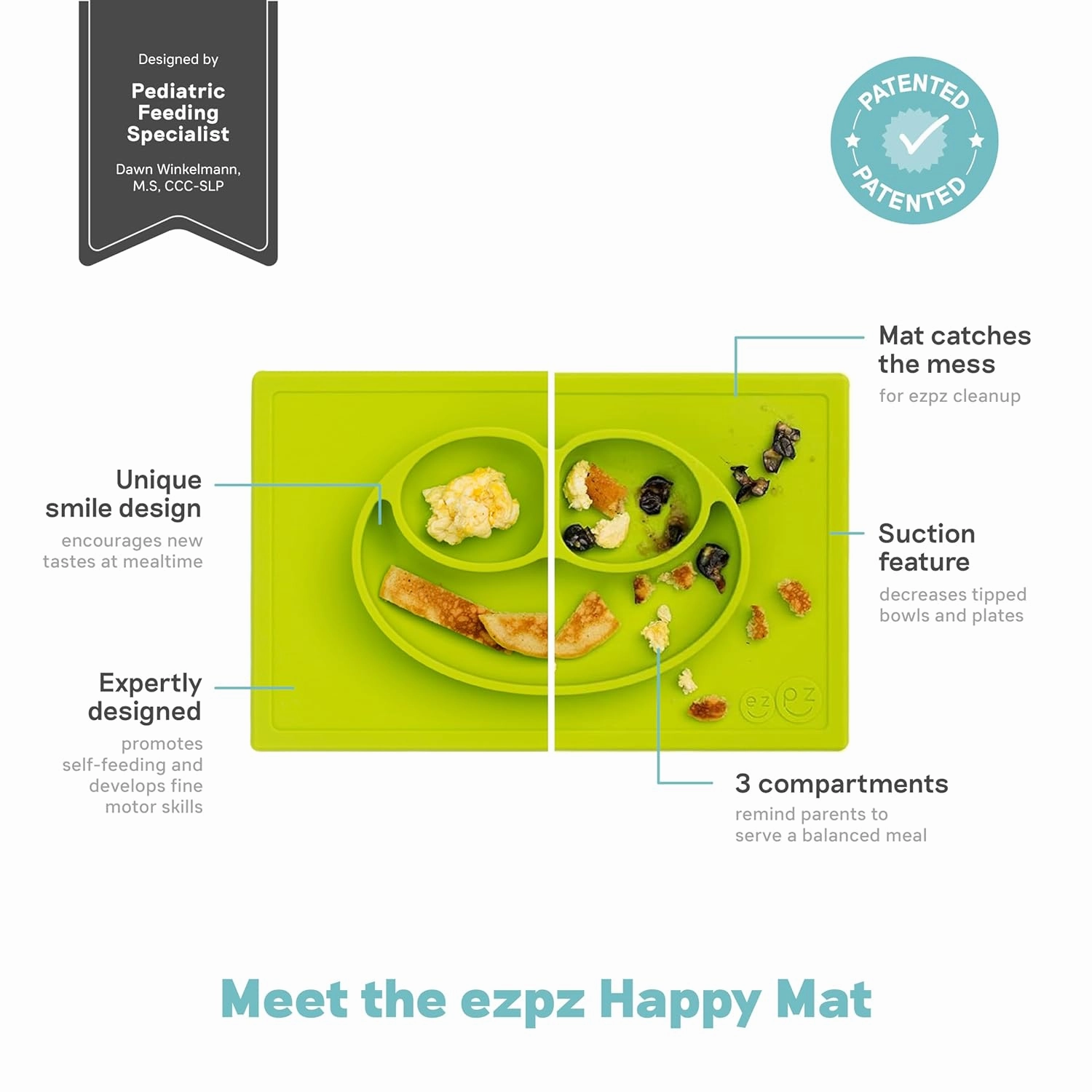 ezpz Happy Mat - 24 Months  (Lime) - 100% Silicone Suction Plate with Built-in Placemat for Toddlers   Preschoolers - Divided Toddler Plates - Toddler Essentials…