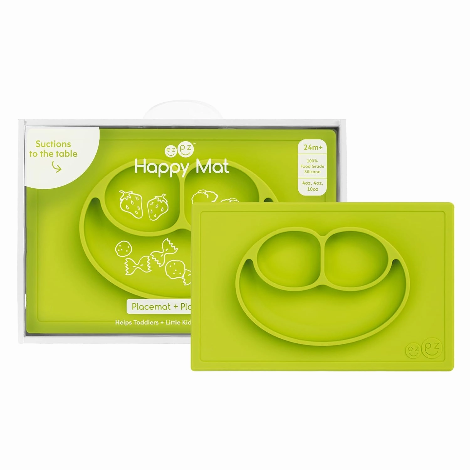 ezpz Happy Mat - 24 Months  (Lime) - 100% Silicone Suction Plate with Built-in Placemat for Toddlers   Preschoolers - Divided Toddler Plates - Toddler Essentials…