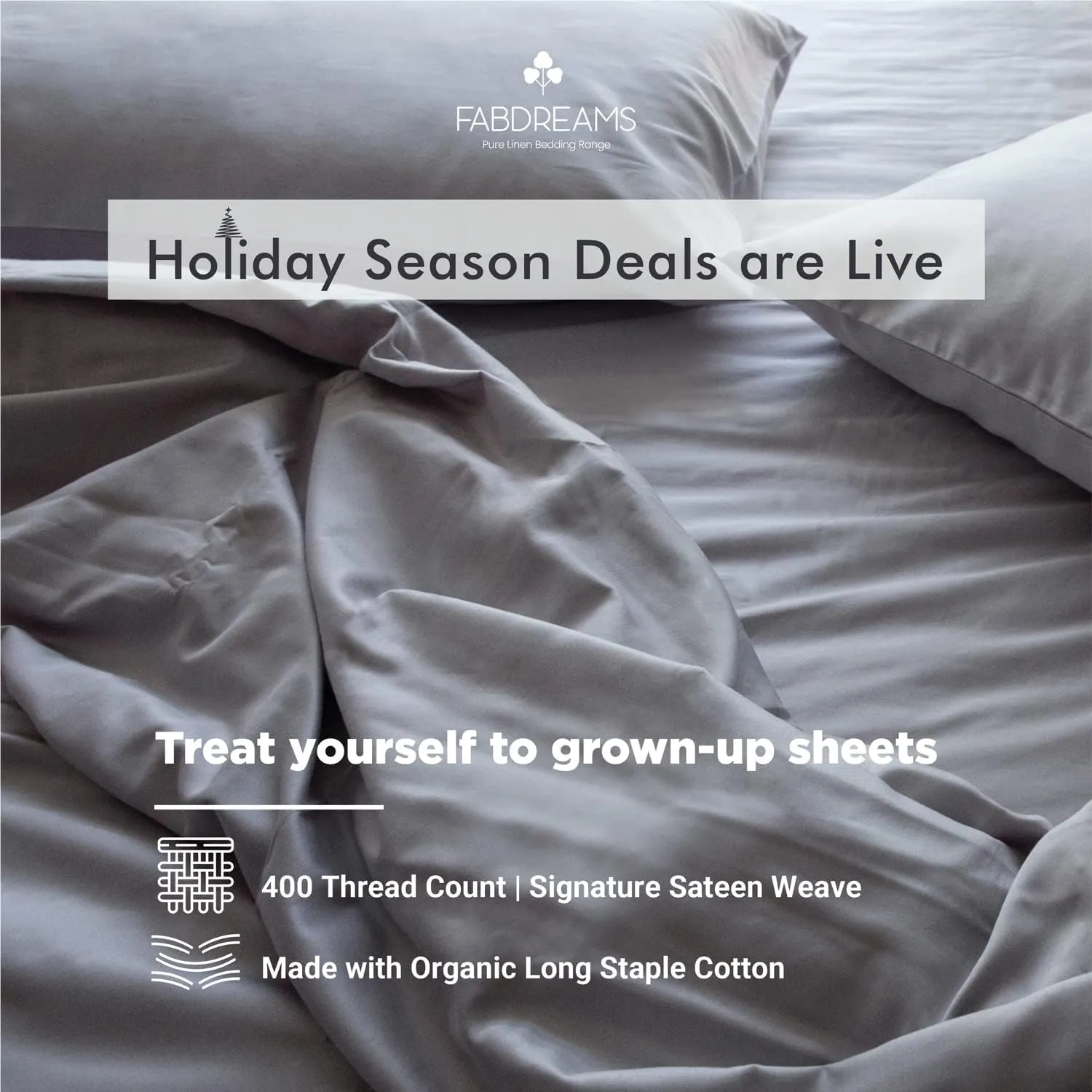 FABDREAMS 100% Organic Cotton Queen Sheet Set | 400 Thread Count|Luxury Hotel Collection|GOTS Certified Premium Long Staple Cotton|Elasticised 17" Deep Pockets|Smoother than Egyptian Cotton|Light Gray
